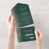 Peach Glitter Emerald Green Wedding All In One Einladung (Abreißen)