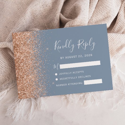 Peach Glitzer Dusty Blue Wedding RSVP Karte
