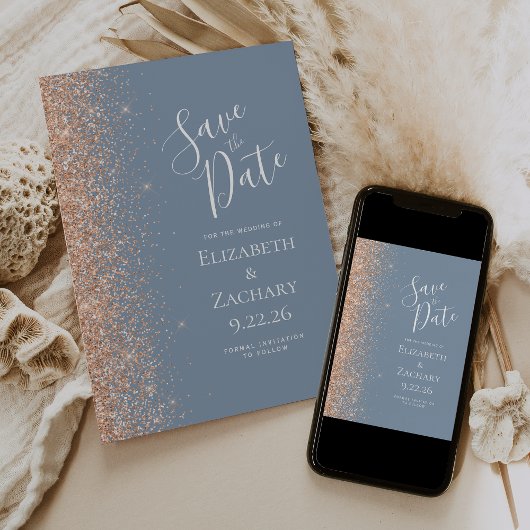Peach Glitzer Edge Dusty Blue Save the Date Ankündigung