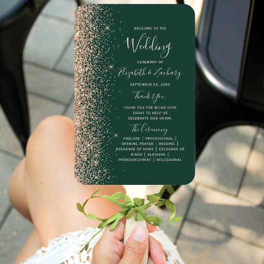 Peach Glitzer Edge Emerald Green Wedding Program Fächer