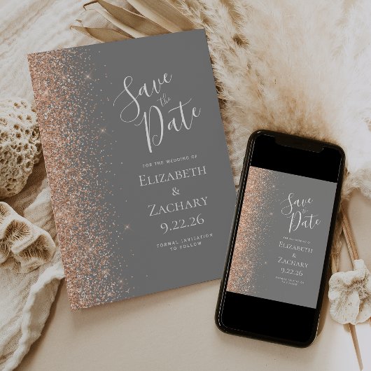Peach Glitzer Edge Grau Save the Date Ankündigung