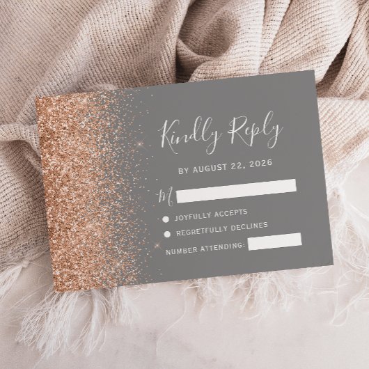 Peach Glitzer Gray Wedding RSVP Karte