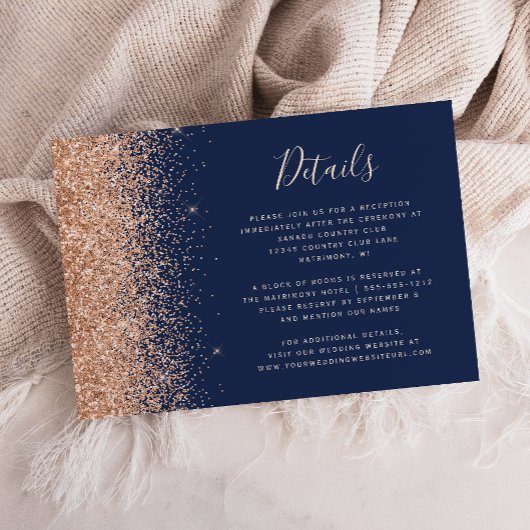Peach Glitzer Navy Blue Wedding Details Begleitkarte