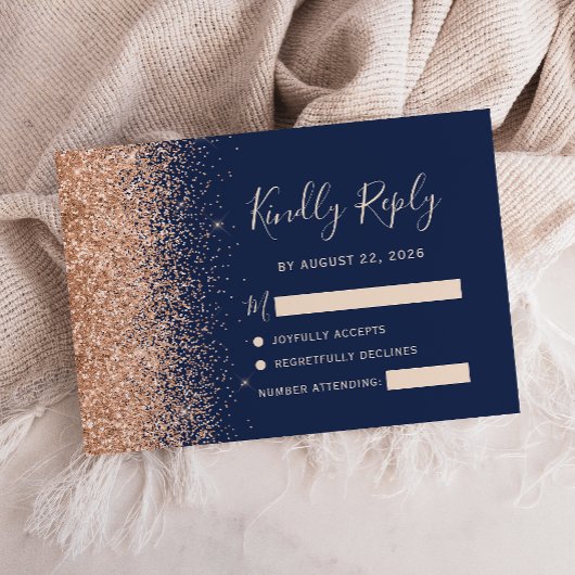 Peach Glitzer Navy Blue Wedding RSVP Karte