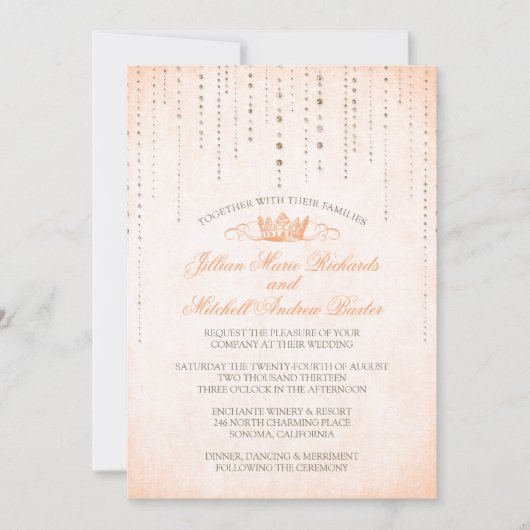 Peach Glitzern & Crown Fairytale Wedding Einladung (Vorderseite)