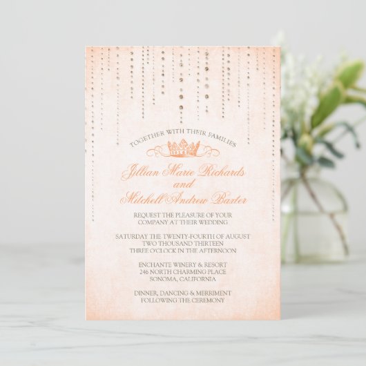 Peach Glitzern & Crown Fairytale Wedding Einladung (Stehend Vorderseite)