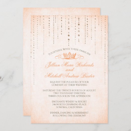 Peach Glitzern & Crown Fairytale Wedding Einladung (Vorne/Hinten)