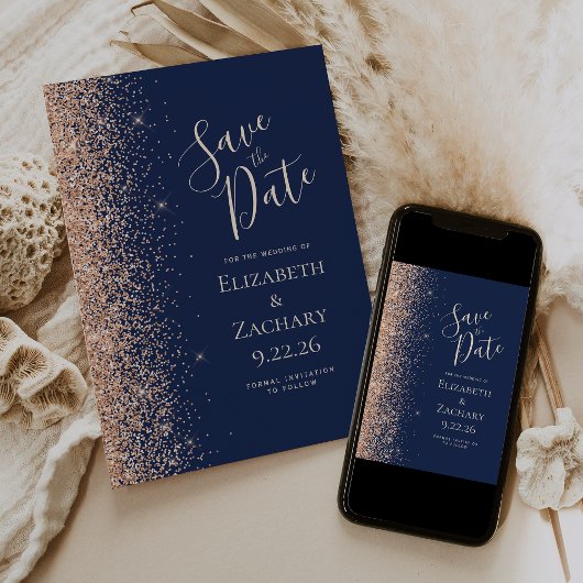 Peach Glitzern Edge Navy Blue Save the Date Ankündigung
