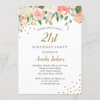 Peach Gold Aquarell Floral 21. Geburtstag Party Einladung