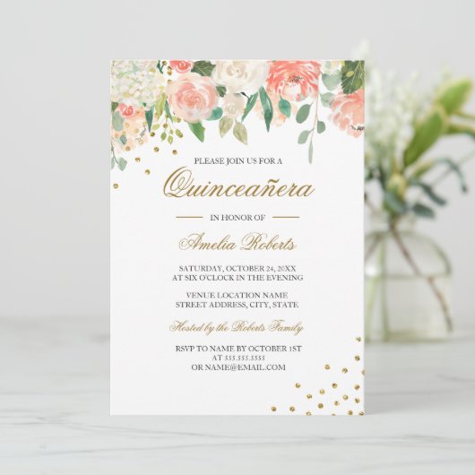 Peach Gold Aquarellfarben Blumenquinceanera Einladung (Stehend Vorderseite)