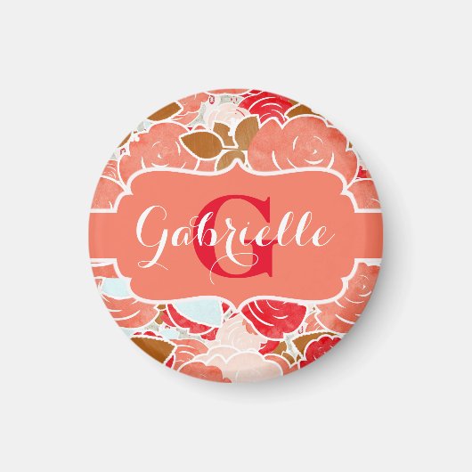 Peach & Gold Aquarellfarben Rose Blumenmonogramm Magnet (Vorne)