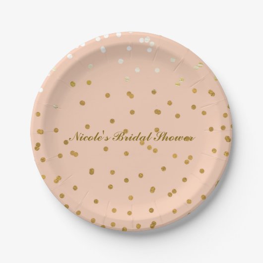 Peach & Gold Confetti Dots Modernes Brautparty Pappteller (Vorderseite)