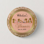 Peach & Gold Damask mit Teddy Bears | Babydusche Button (Vorderseite)