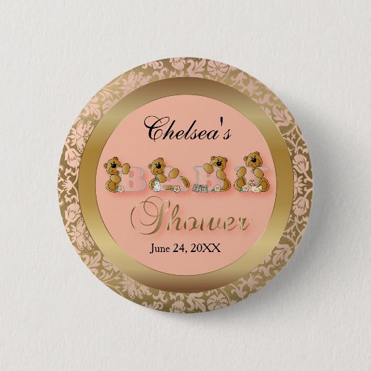 Peach & Gold Damask mit Teddy Bears | Babydusche Button (Vorderseite)