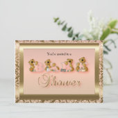 Peach & Gold Damask mit Teddy Bears | Babydusche Einladung (Stehend Vorderseite)