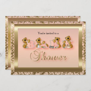 Peach & Gold Damask mit Teddy Bears Babydusche Einladung