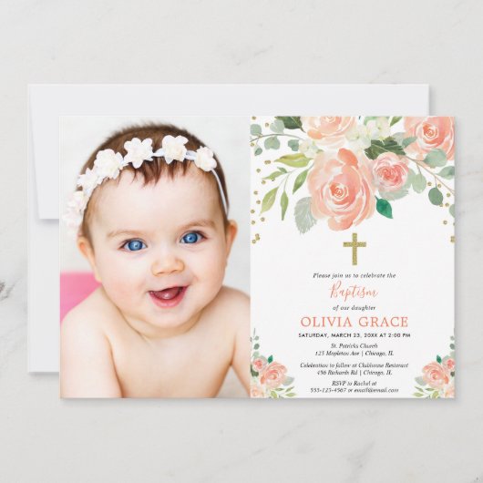 Peach gold floral Aquarellfarben Taufe Mädchen Fot Einladung (Vorderseite)