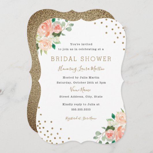 Peach Gold Floral Confetti Brautparty Einladung (Vorne/Hinten)