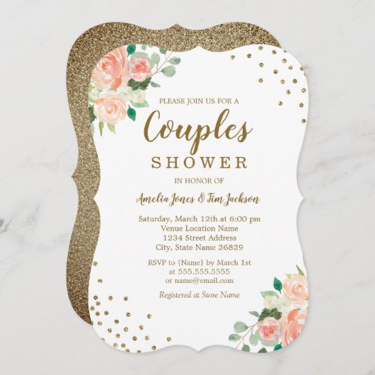Peach Gold Floral Confetti Wedding Couples Dusche Einladung (Vorne/Hinten)