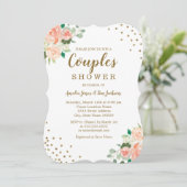 Peach Gold Floral Confetti Wedding Couples Dusche Einladung (Stehend Vorderseite)