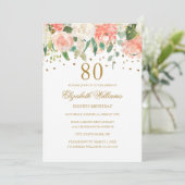 Peach Gold Floral Einladung zum 80. Geburtstag (Stehend Vorderseite)
