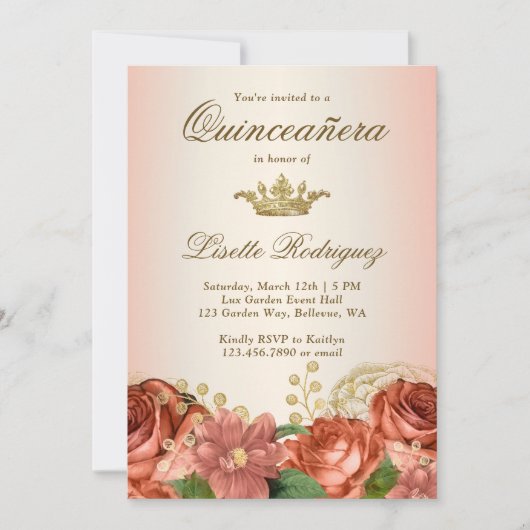 Peach Gold Floral Rose Quinceanera Einladung (Vorderseite)