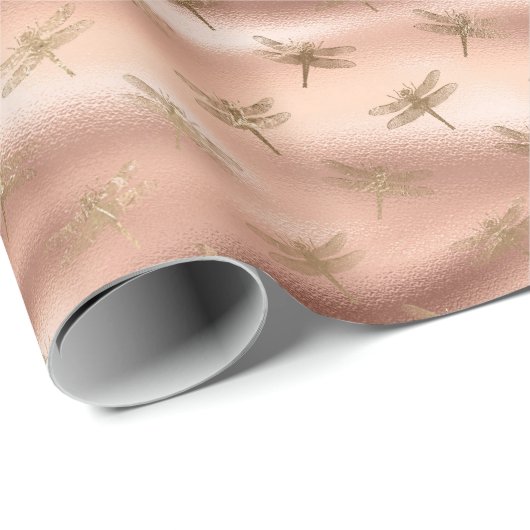 Peach Gold Glam Dragonflies Geschenkpapier (Rolleneckpunkt)