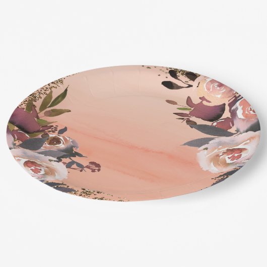 Peach & Gold Glitzer Blumenladen Modernes Brautpar Pappteller (Schrägansicht)