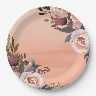 Peach & Gold Glitzer Blumenladen Modernes Brautpar Pappteller
