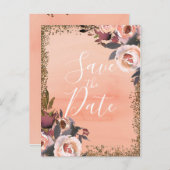 Peach & Gold Glitzer Blumenmodern Save the Date Ankündigungspostkarte (Vorne/Hinten)