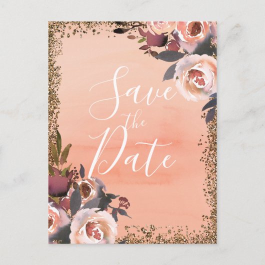 Peach & Gold Glitzer Blumenmodern Save the Date Ankündigungspostkarte (Vorderseite)