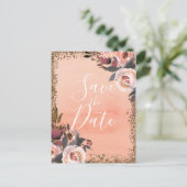 Peach & Gold Glitzer Blumenmodern Save the Date Ankündigungspostkarte (Stehend Vorderseite)