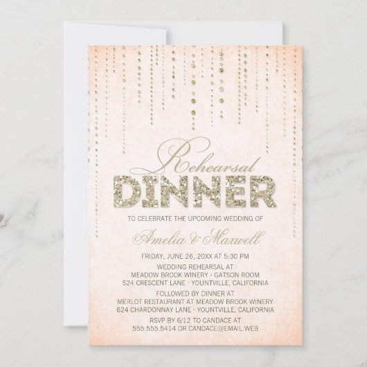 Peach & Gold Glitzer Look Probe Dinner einladen Einladung (Vorderseite)