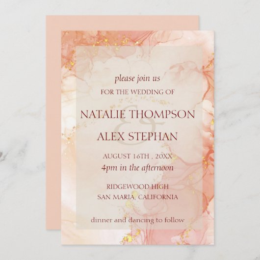 Peach Gold Marmoreffekt Monogram Elegante Hochzeit Einladung (Vorne/Hinten)