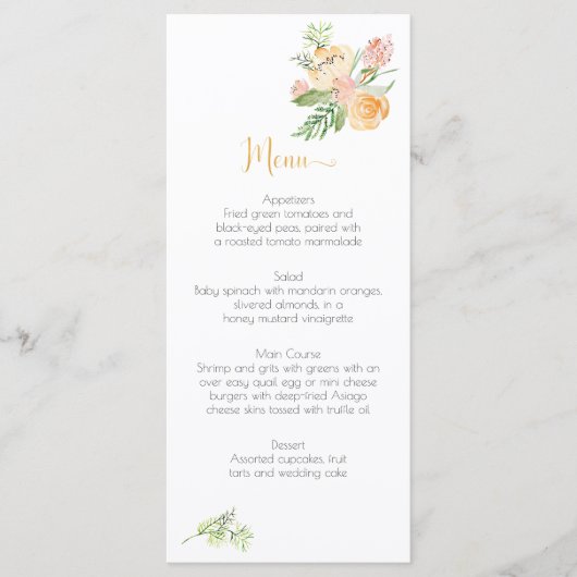 Peach Gold Pink Green Floral Menu Cards Menükarte (Vorderseite)