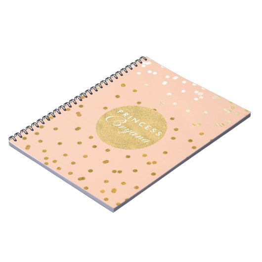 Peach & Gold Shiny Confetti Dots Modernes Notebook Notizblock (Linke Seite)