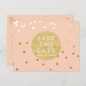 Peach & Gold Shiny Confetti Dots Save the Date Ankündigungspostkarte (Vorne/Hinten)