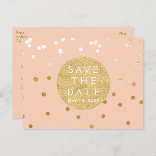 Peach & Gold Shiny Confetti Dots Save the Date Ankündigungspostkarte (Vorne/Hinten)