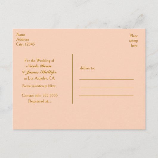 Peach & Gold Shiny Confetti Dots Save the Date Ankündigungspostkarte (Rückseite)