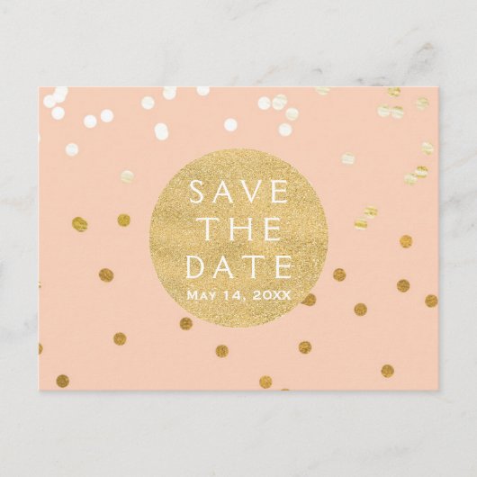 Peach & Gold Shiny Confetti Dots Save the Date Ankündigungspostkarte (Vorderseite)