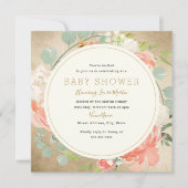 Peach Gold Sparkle Wreath Floral Baby Dusche Einladung (Vorderseite)