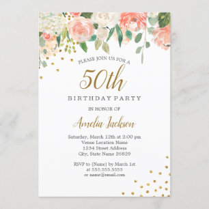 Peach Gold Wasserfarbenfloral 50. Geburtstagsparty Einladung