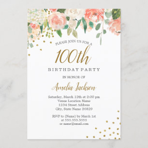 Peach Gold Watercolor Floral 100. Geburtstagsparty Einladung