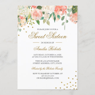 Peach Gold Watercolor Floral 16 . Geburtstag Einladung
