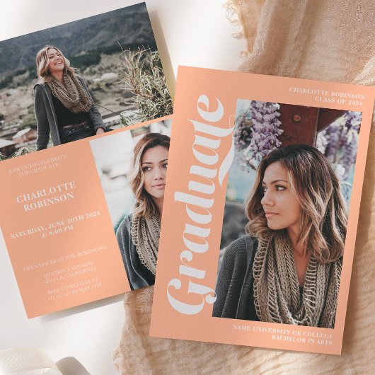 Peach graduate Script 3 Foto Abschluss Einladung