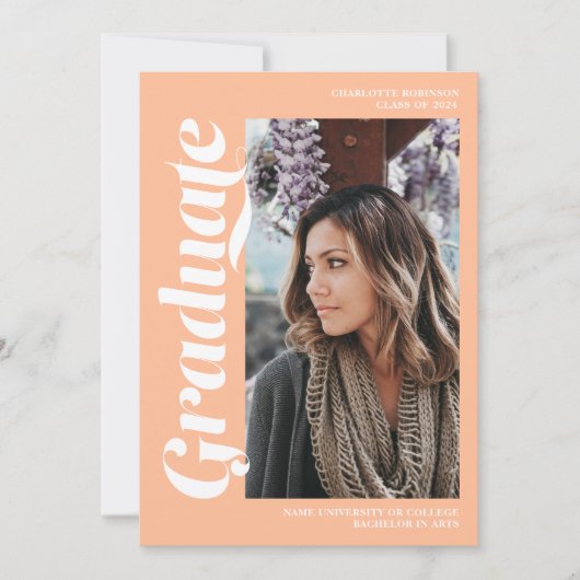 Peach graduate Script 3 Foto Abschluss Einladung (Vorderseite)