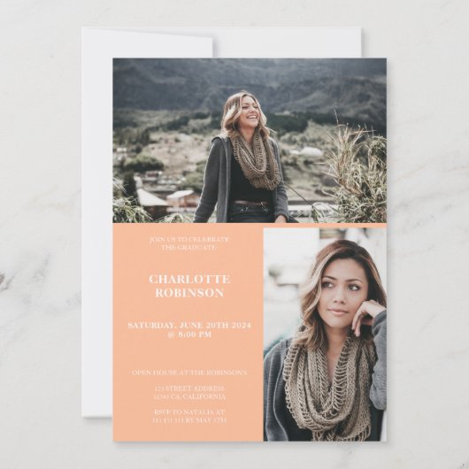 Peach graduate Script 3 Foto Abschluss Einladung (Rückseite)