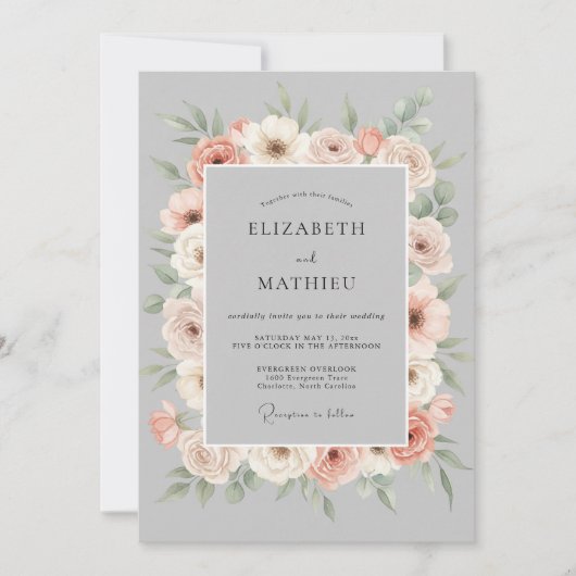 Peach Gray Floral Romance Wedding Einladung (Vorderseite)