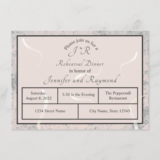 Peach & Gray Marble Monogrammierte Probe Dinner Begleitkarte (Vorderseite)