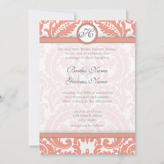PEACH Gray Viktorianisch Damask Hochzeitseinladung Einladung (Vorderseite)